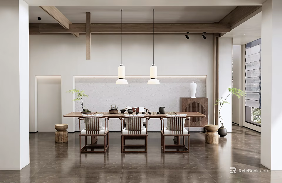 Modern Tea Room Interior Design With Wooden Tables Hanging Lamps And Tea Sets 3d model 