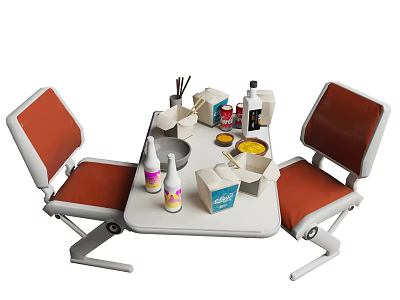White Dining Table Set With Two Orange Chairs And Tabletop Bottles Tissue Box 3d model