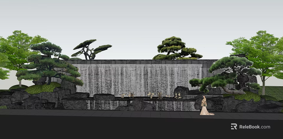 Natural Waterfall Scenic Wall Design With Pine Trees And Rocks 3d model 