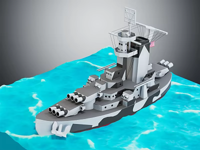 Vintage Warship With Multiple Turrets And Upper Deck Structures Sailing On Blue Ocean Waves 3d model