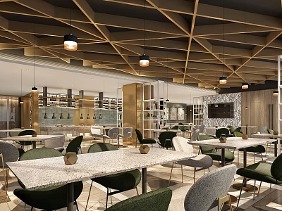 Contemporary Restaurant Interior Featuring Wooden Ceiling Pendant Lights Marble Tables Green And Gray Chairs 3d model