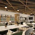 Contemporary Restaurant Interior Featuring Wooden Ceiling Pendant Lights Marble Tables Green And Gray Chairs