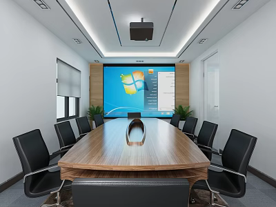 Modern Conference Room Interior With Long Wooden Table Black Chairs Large Screen And Projector 3d model