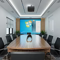 Modern Conference Room Interior With Long Wooden Table Black Chairs Large Screen And Projector