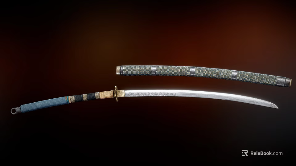 Japanese Samurai Sword Ancient Weapon With Patterned Blade Decorative Hilt And Dark Scabbard 3d model 