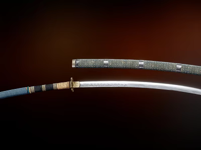 Japanese Samurai Sword Ancient Weapon With Patterned Blade Decorative Hilt And Dark Scabbard 3d model
