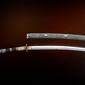 Japanese Samurai Sword Ancient Weapon With Patterned Blade Decorative Hilt And Dark Scabbard