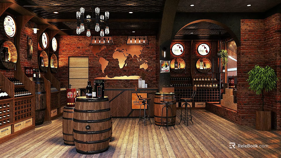 Rustic Bar Interior with Brick Walls Wooden Barrels World Map Chandeliers and Wine Racks 3d model 