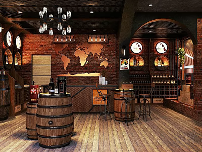 Rustic Bar Interior with Brick Walls Wooden Barrels World Map Chandeliers and Wine Racks 3d model