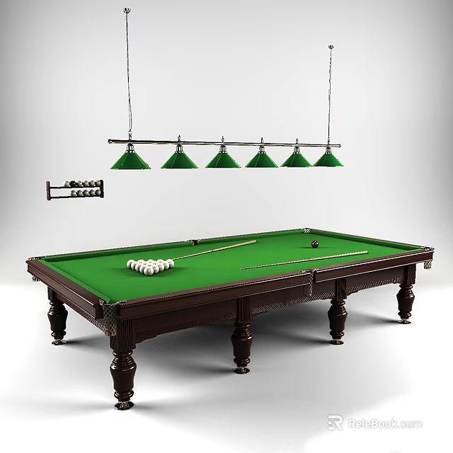 Classic Billiard Table With Green Felt Surface Hanging Lights And Cues 3d model 