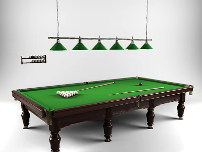 Classic Billiard Table With Green Felt Surface Hanging Lights And Cues 3d model