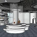 Emily Martin Art Gallery Interior with Bookshelves Round Display Stand and Unicorn Sculpture