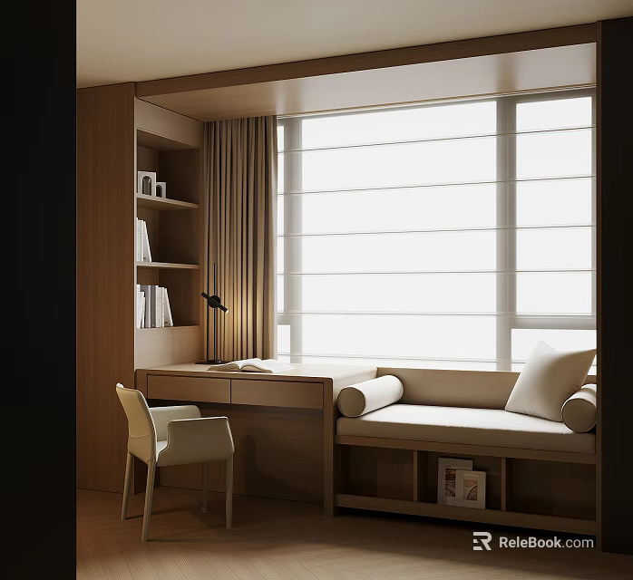 Modern Bay Window Cabinet with Built in Bookshelves Desk Chair and Reading Nook Curtains Blinds 3d model 