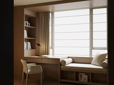 Modern Bay Window Cabinet with Built in Bookshelves Desk Chair and Reading Nook Curtains Blinds 3d model
