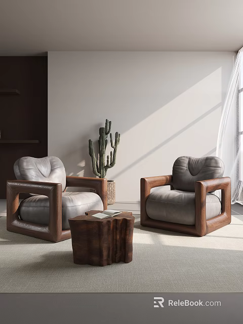 Stylish Single Sofa With Gray Leather And Wooden Frame In Bright Living Room With Cactus 3d model 