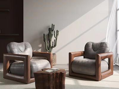 Stylish Single Sofa With Gray Leather And Wooden Frame In Bright Living Room With Cactus 3d model