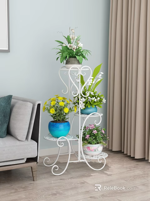 Tiered Metal Plant Stand With Colorful Flower Pots And Various Green Plants 3d model 