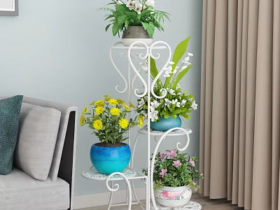 Tiered Metal Plant Stand With Colorful Flower Pots And Various Green Plants 3d model