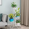 Tiered Metal Plant Stand With Colorful Flower Pots And Various Green Plants
