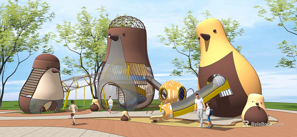 Colorful Bird Shaped Outdoor Playground Equipment With Slide Trees And Kids 3d model 