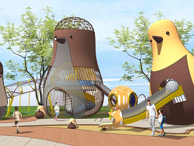 Colorful Bird Shaped Outdoor Playground Equipment With Slide Trees And Kids 3d model