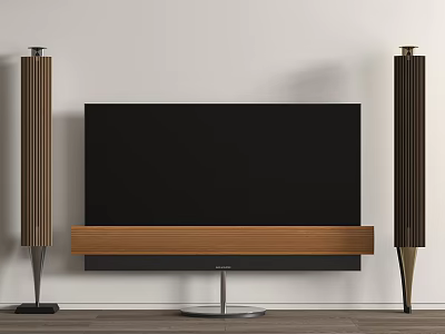 Modern TV With Wooden Stand And Floor Standing Speakers In Minimalist Interior 3d model