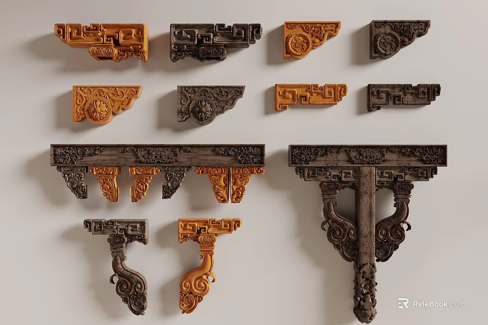 Traditional Wooden Decorative Components With Carved Patterns In Various Shapes For Architecture 3d model 
