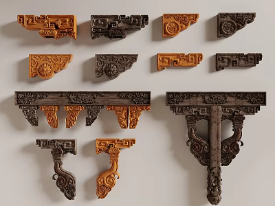 Traditional Wooden Decorative Components With Carved Patterns In Various Shapes For Architecture 3d model