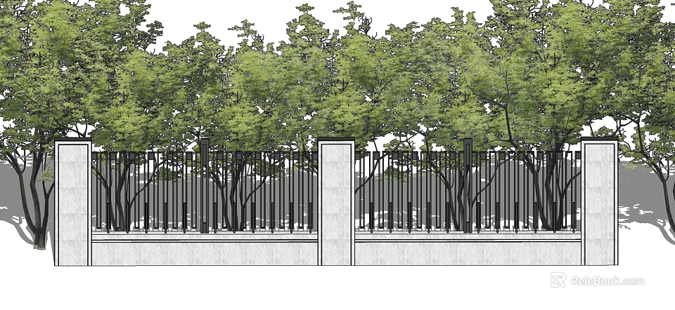Modern Entrance Gate With Iron Fence Stone Pillar And Lush Green Trees 3d model 