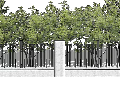 Modern Entrance Gate With Iron Fence Stone Pillar And Lush Green Trees 3d model