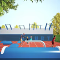 Outdoor Playground Area With Adults And Children Playing On Red Flooring Blue Structures And Trees