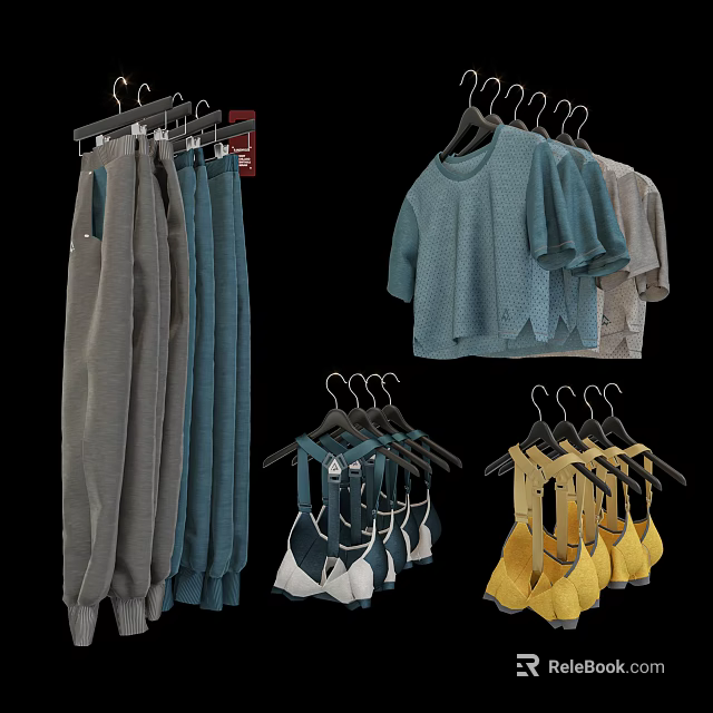Various Casual Clothes Collection With T Shirts Pants Overalls In Blue Gray Yellow 3d model 