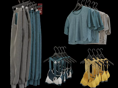 Various Casual Clothes Collection With T Shirts Pants Overalls In Blue Gray Yellow 3d model
