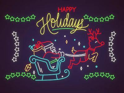 Happy Holidays Neon Light Design With Santa Reindeer Sleigh And Stars Decorations 3d model