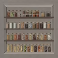 Organized Kitchen Spice Jars On Shelves With Various Spices Grains And Beans