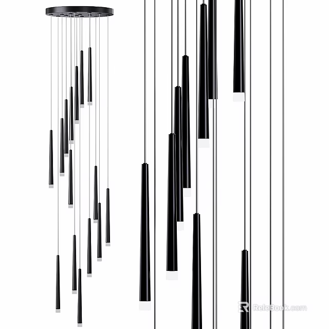 Modern Minimalist Chandelier Design Featuring Vertical Slim Black White Rods In Interior Space 3d model 