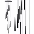 Modern Minimalist Chandelier Design Featuring Vertical Slim Black White Rods In Interior Space
