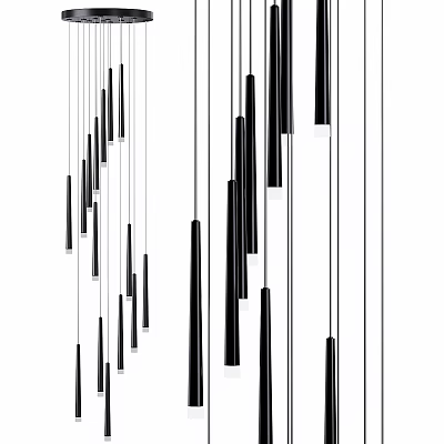 Modern Minimalist Chandelier Design Featuring Vertical Slim Black White Rods In Interior Space 3d model