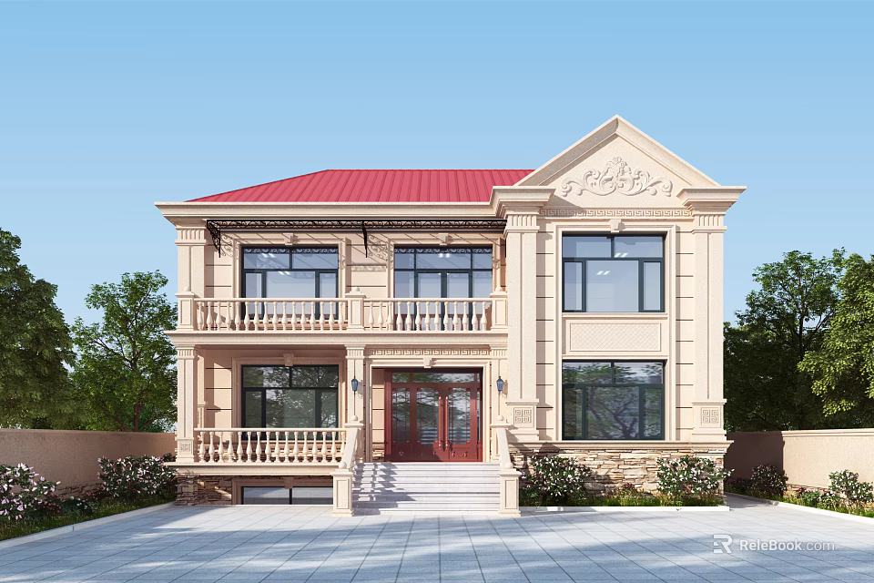 Two Story Detached Villa With Red Roof Beige Exterior Double Doors Steps And Green Plants 3d model 