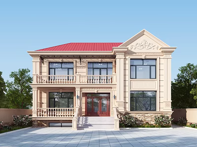 Two Story Detached Villa With Red Roof Beige Exterior Double Doors Steps And Green Plants 3d model