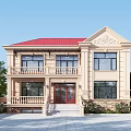 Two Story Detached Villa With Red Roof Beige Exterior Double Doors Steps And Green Plants