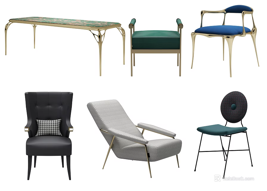 Modern Stylish Leisure Chairs With Golden Legs Woven Design And Padded Seats In Multiple Colors 3d model 