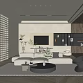 Modern Living Room Interior Design With Light Sofa Round Coffee Table TV Wall Shelves And Decorative Plants