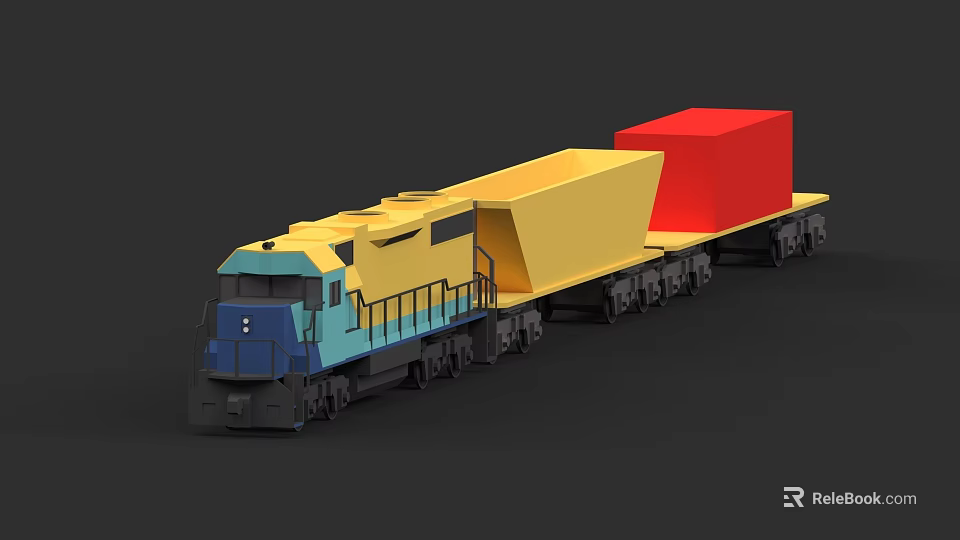 Blue and Yellow Freight Train with Yellow Cargo Carrying Red Block 3d model