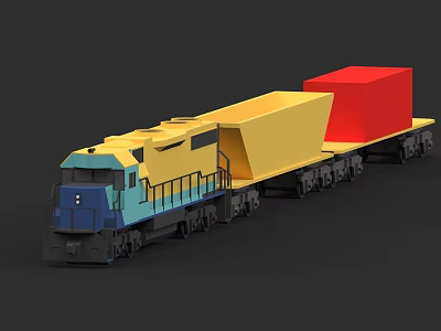 Blue and Yellow Freight Train with Yellow Cargo Carrying Red Block 3d model