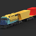 Blue and Yellow Freight Train with Yellow Cargo Carrying Red Block 3d model