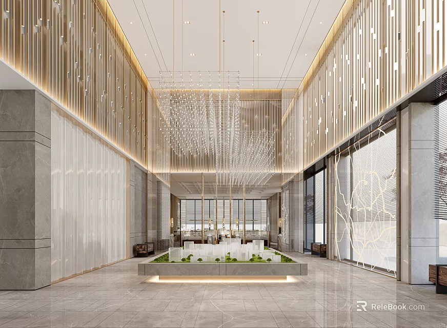 Elegant Modern Sales Office Lobby with Chandelier Green Plants Marble Floor And Glass Curtain Wall 3d model 