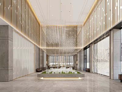 Elegant Modern Sales Office Lobby with Chandelier Green Plants Marble Floor And Glass Curtain Wall 3d model