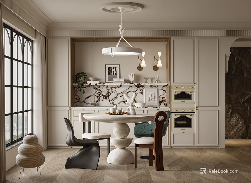 Elegant Modern Restaurant Interior With Round Dining Table Stylish Chairs And Decorative Wall 3d model