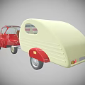 Vintage Red Classic Car Towing Cream Colored Trailer With Small Windows